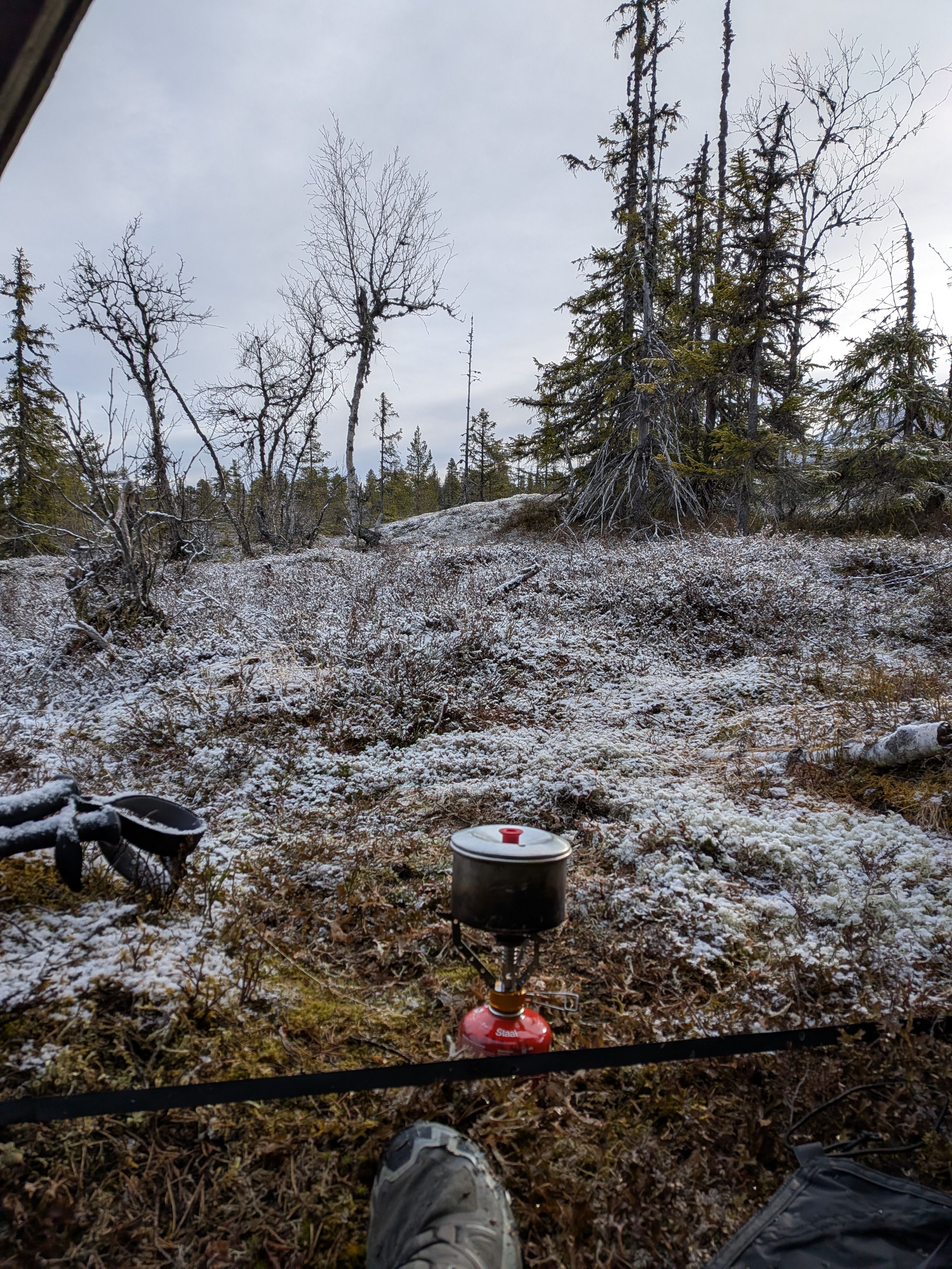 Morning in tent with a bit of snow