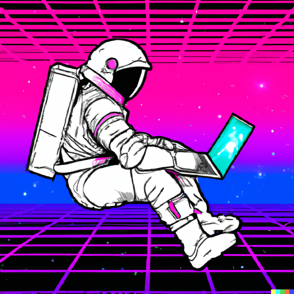 An astronaut programming on a laptop in space in a waporwave style. Image by DALL·E